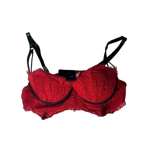 Frederick's Of Hollywood S‎ Red Lace Push Up Balconette Bra Longline Black Trim - Picture 1 of 6